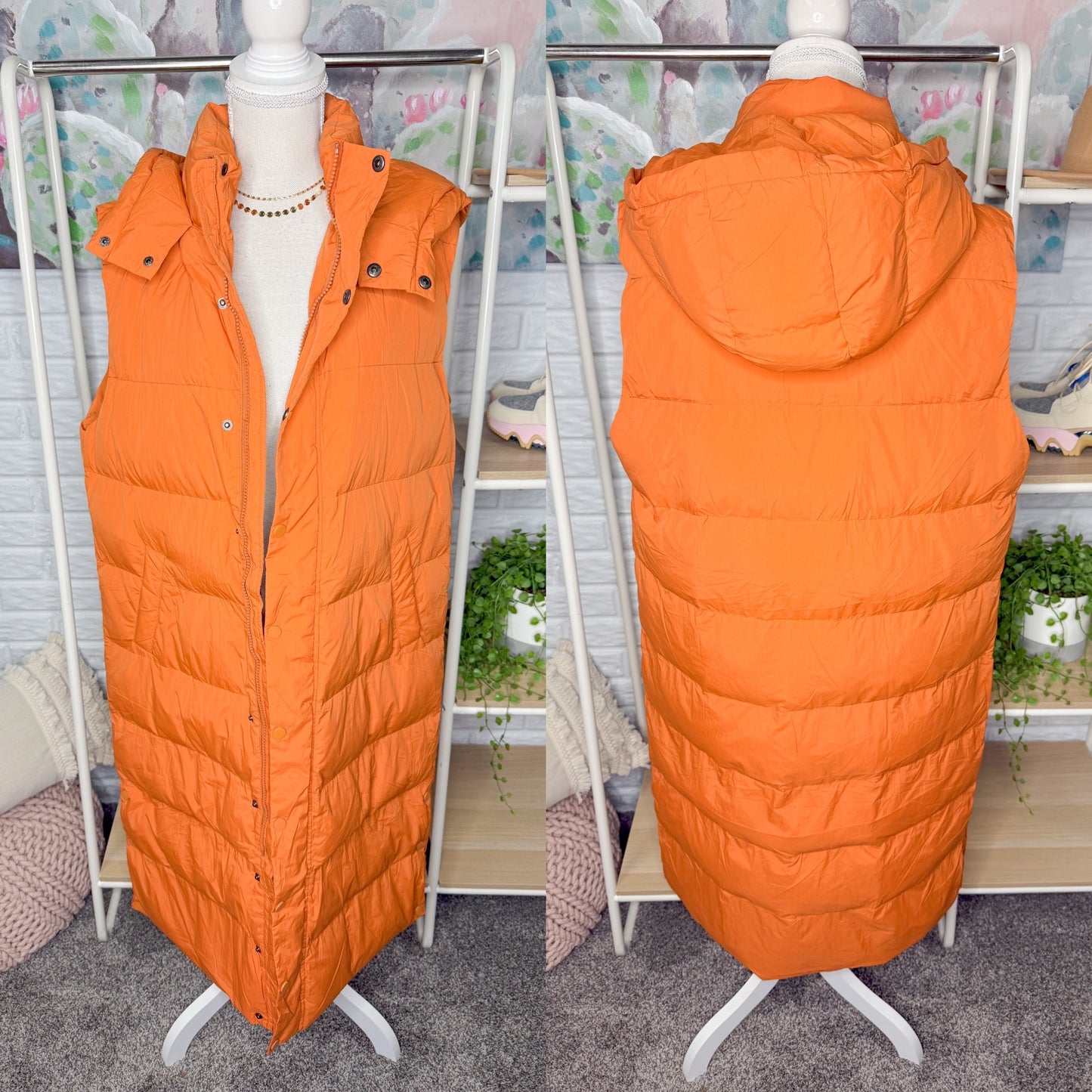 BTFBM New Orange Long Puffer Hooded Vest (M)