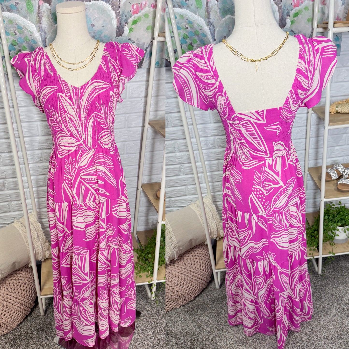 Prettygarden Purple Flutter Sleeve Tiered Midi Dress (S)