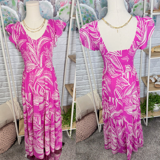 Prettygarden Purple Flutter Sleeve Tiered Midi Dress (S)