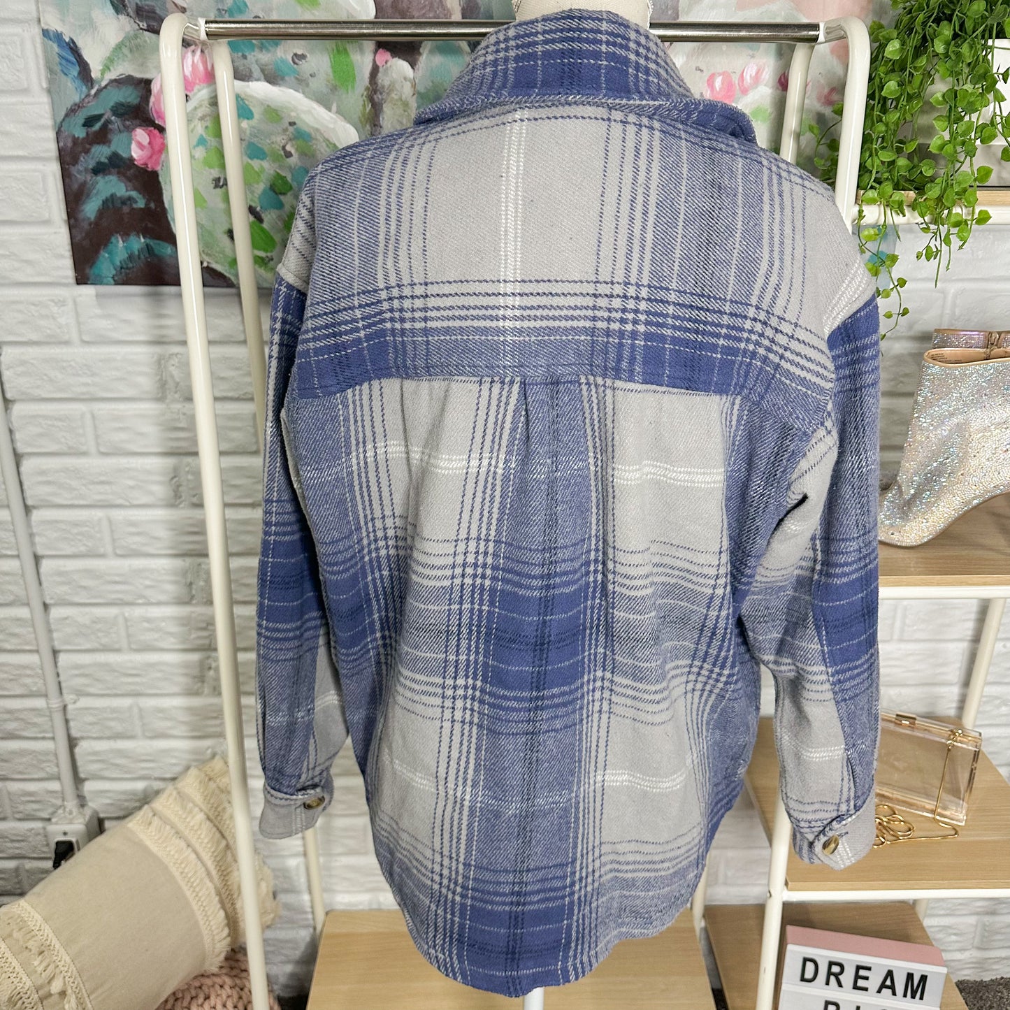 Aerie Blue Plaid Woven Shacket Size XS