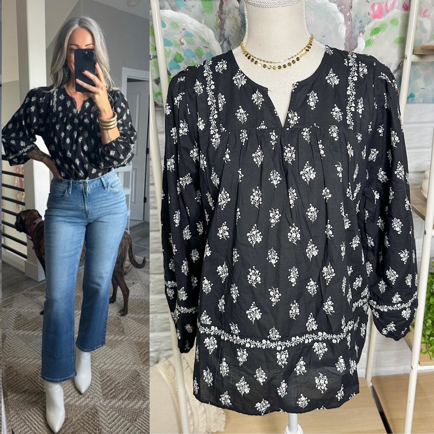 Maurice’s New Black Floral Peasant Top (M)