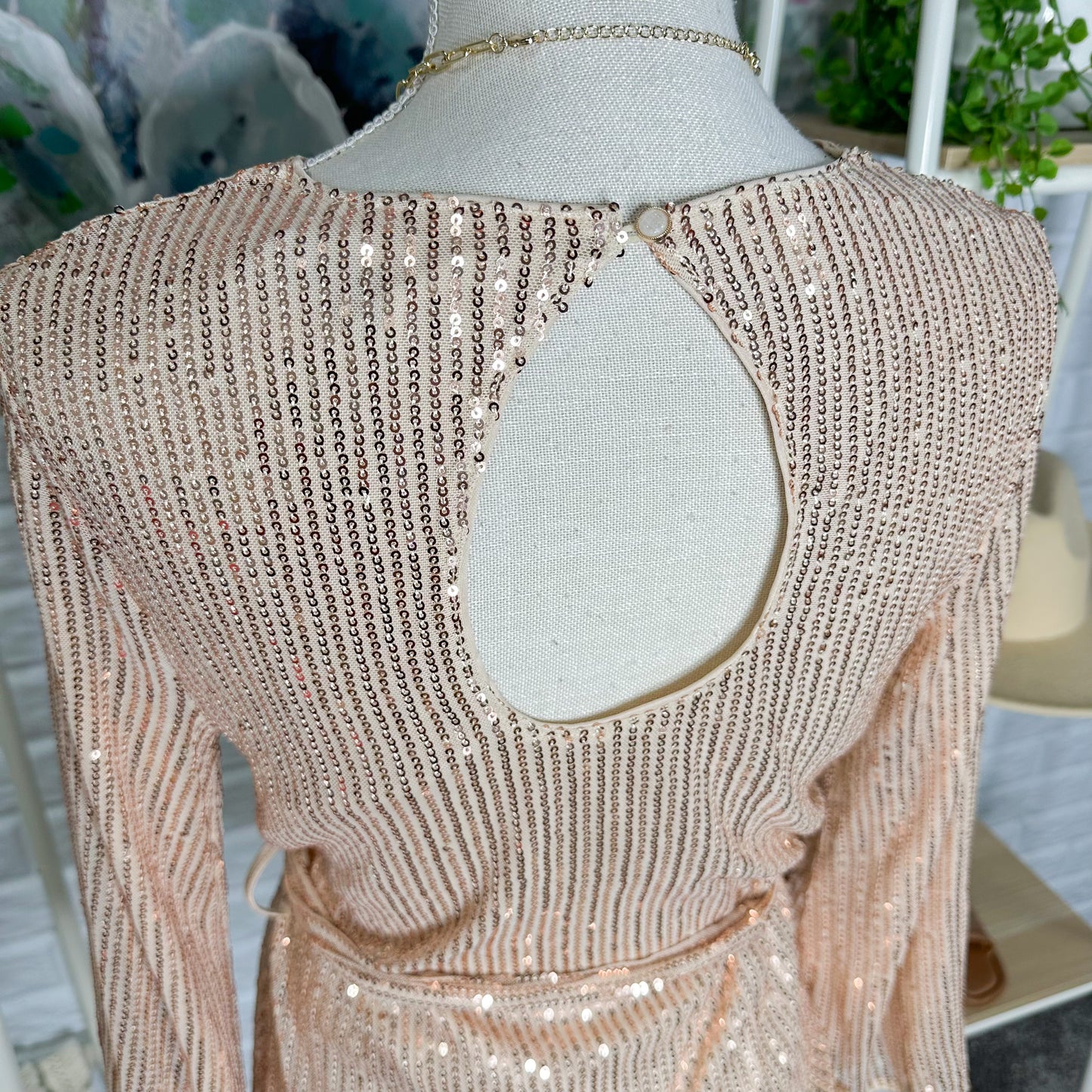 Grace Karin New Rose Gold Sequins Long Sleeve Blouse Size Small
