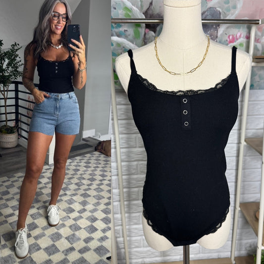 Popilush New Black Lace Trim Bodysuit (M)