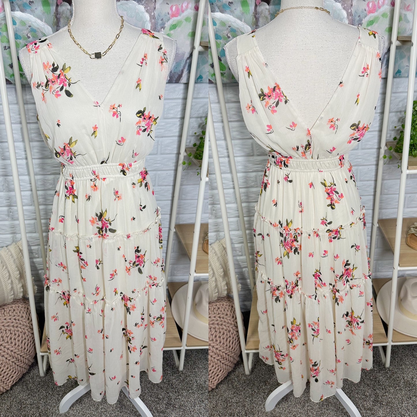 Maurice’s Cream Floral Tiered Midi Dress (XS)