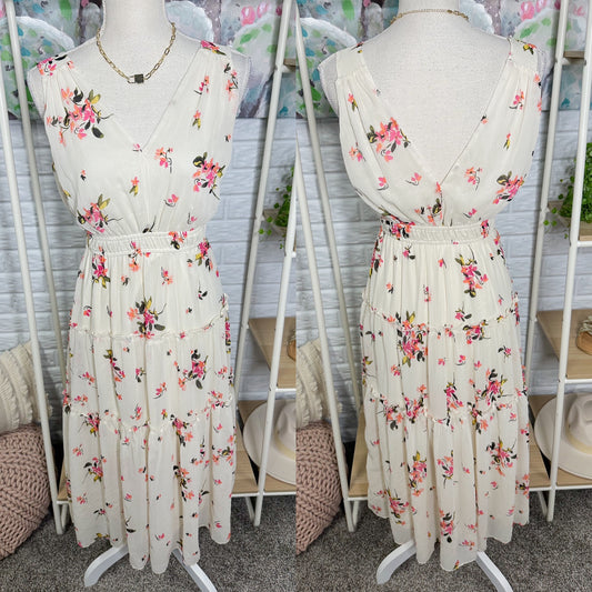 Maurice’s Cream Floral Tiered Midi Dress (XS)