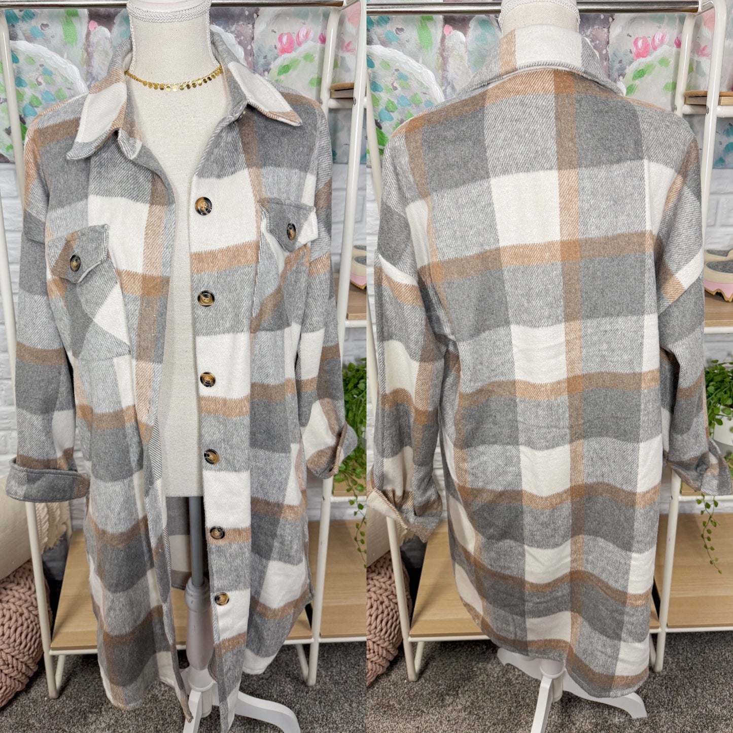 Grey/Brown Plaid Long Shacket (L)