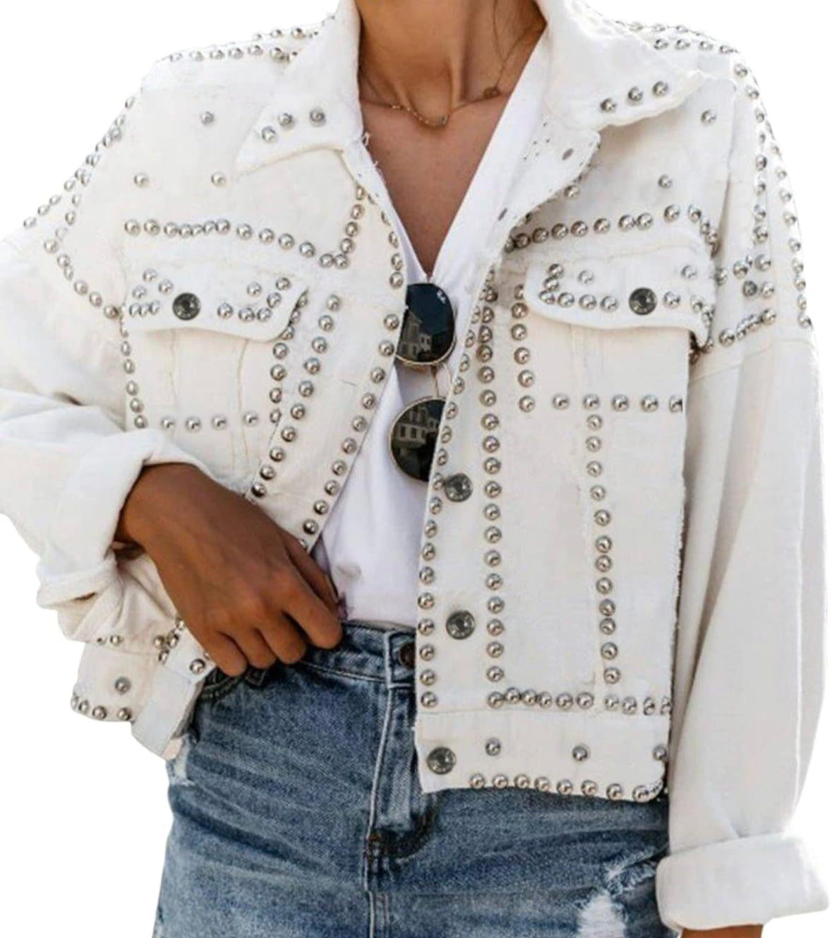 Omoone New White Studded Denim Jacket (M)