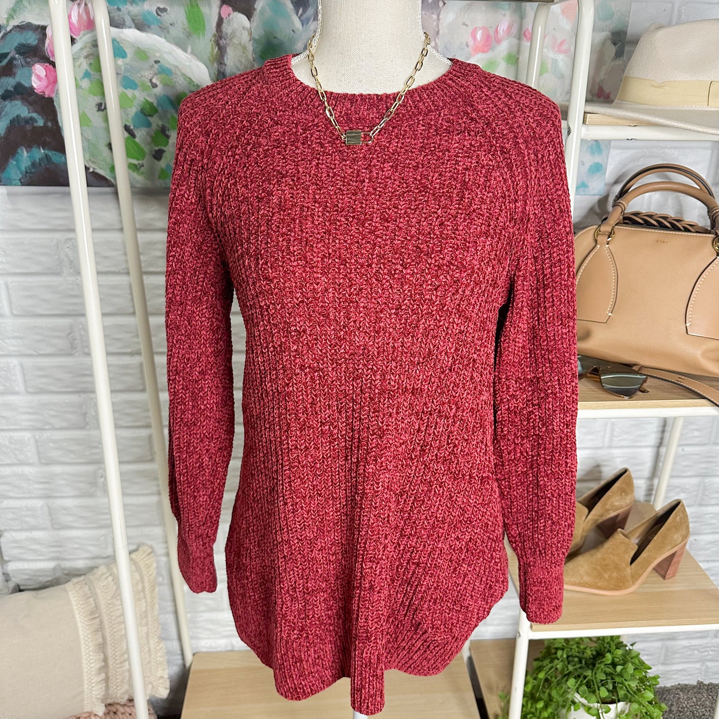 Time and Tru Red Chenille Sweater Size Small
