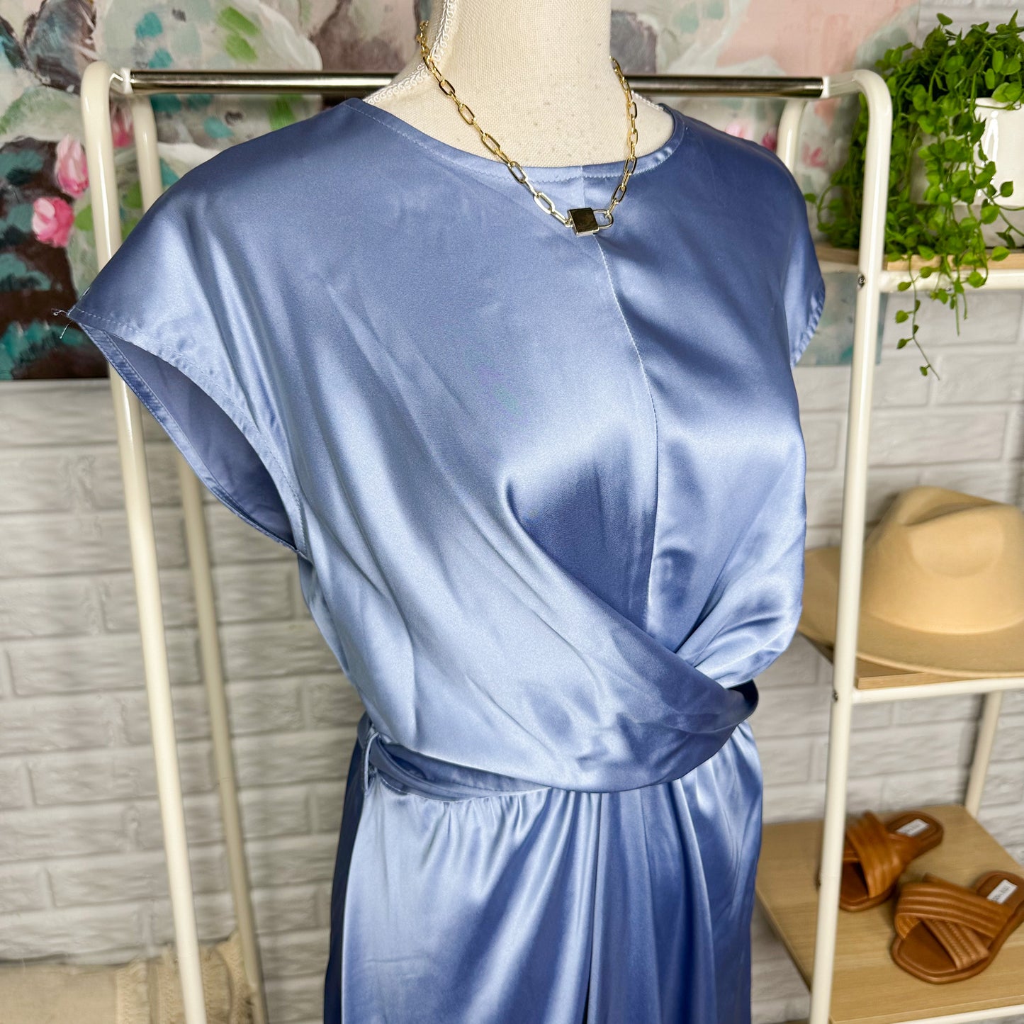 Prettygarden New Blue Satin Midi Dress Size Medium
