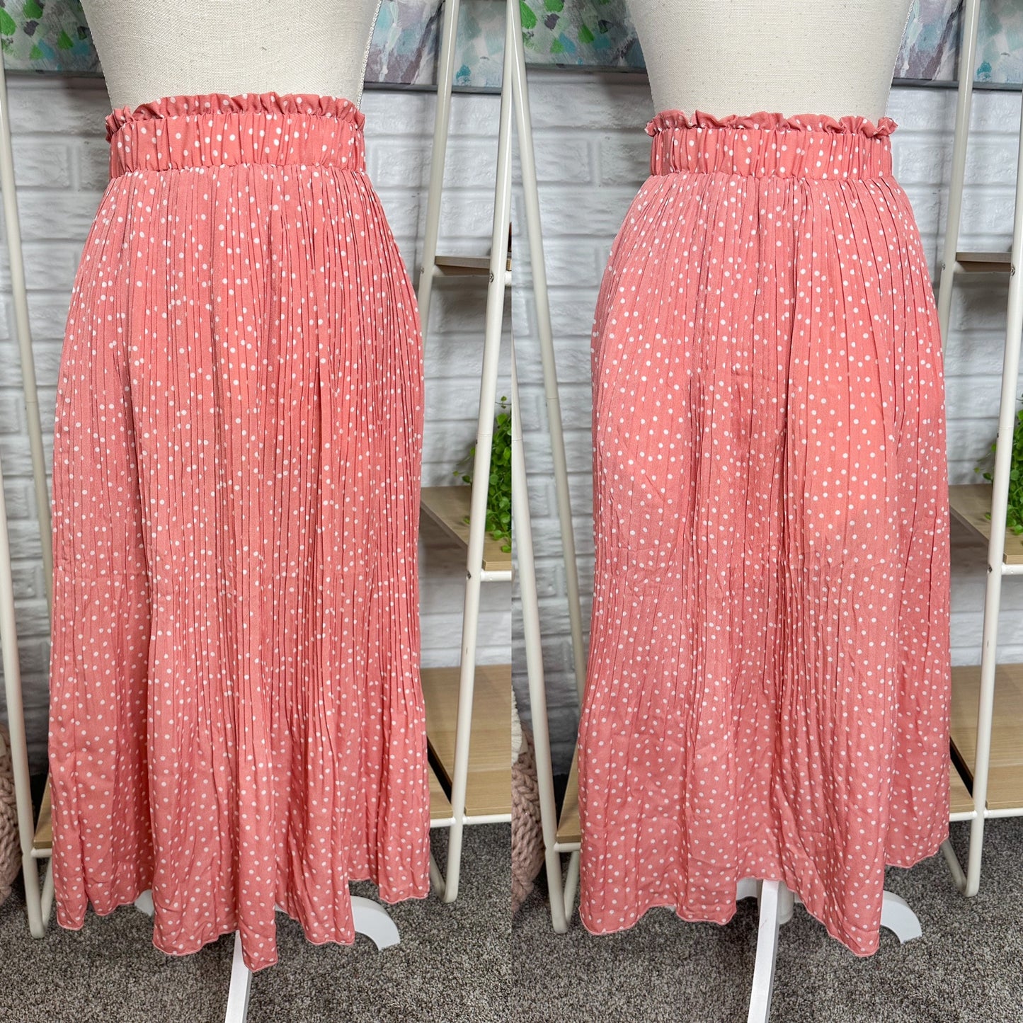 Exlura New Pink Pleated Polka Dot Midi Skirt (S)