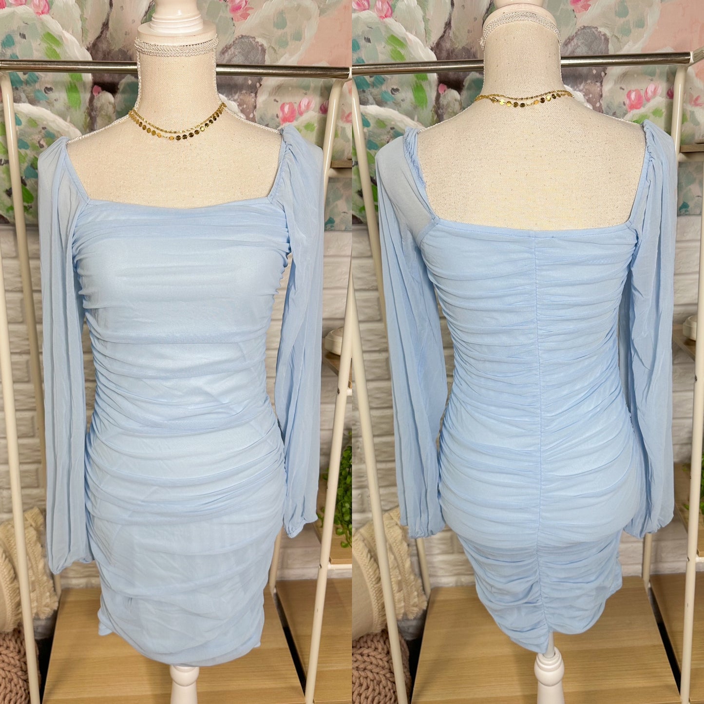 Merokeety New Blue Long Sleeve Bodycon Mini Dress (M)