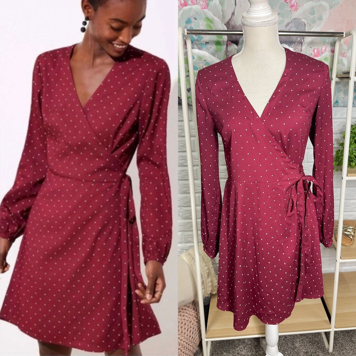 LOFT Maroon Star Print Long Sleeve Wrap Dress (00)