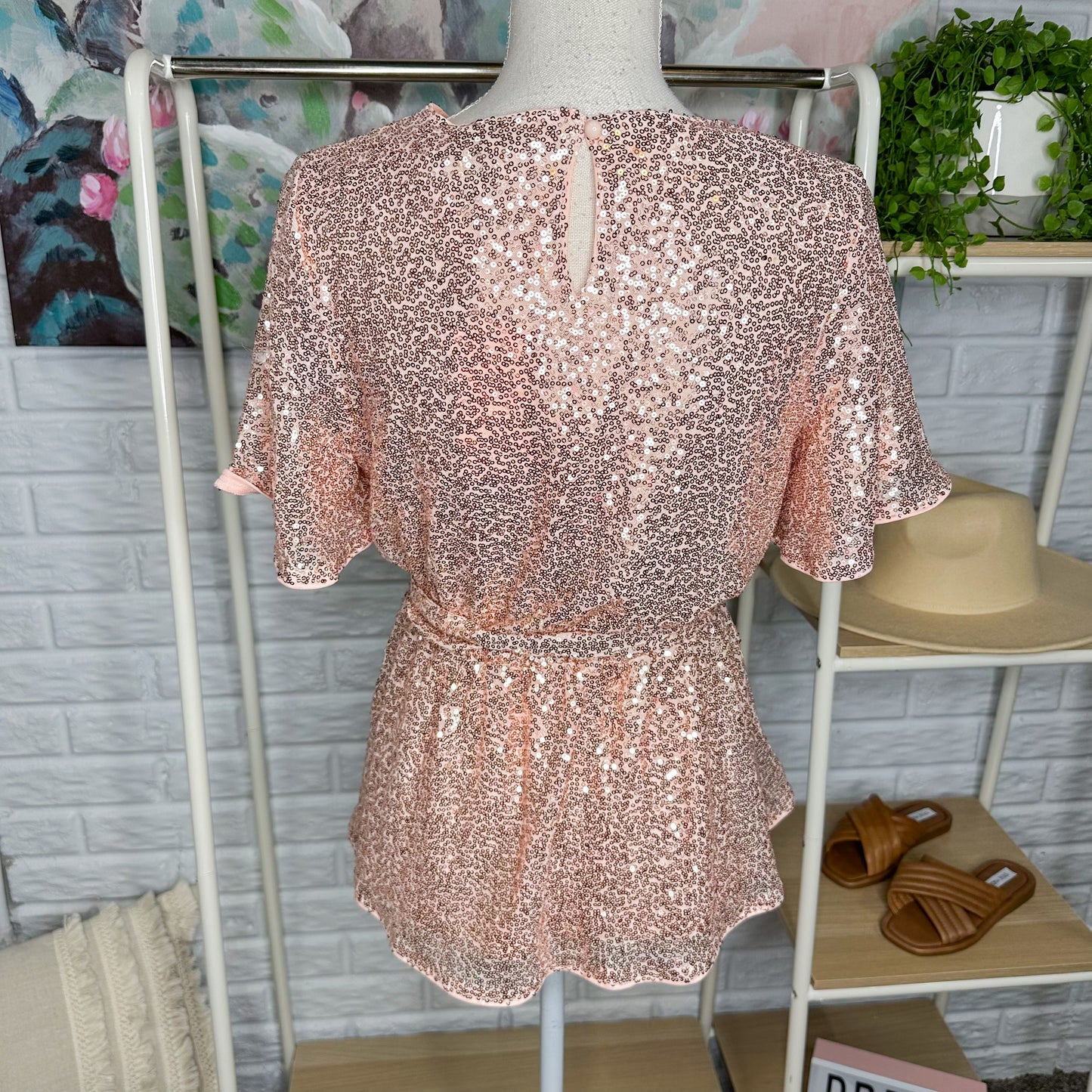 Grace Karin New Pink Sequins Peplum Blouse Size Medium