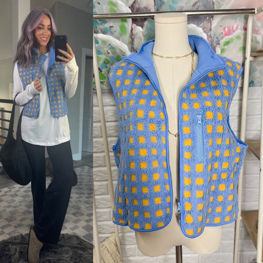 PUWEI New Blue Checkered Sherpa Vest (M)