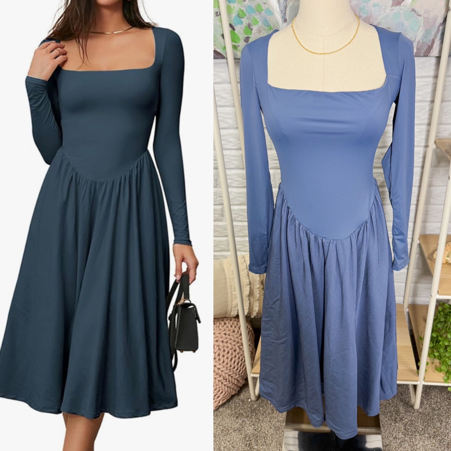 CHYRII New Blue A-Line Long Sleeve Midi Dress (M)