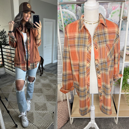 CHYRII Orange Plaid Flannel Button Down Top (L)