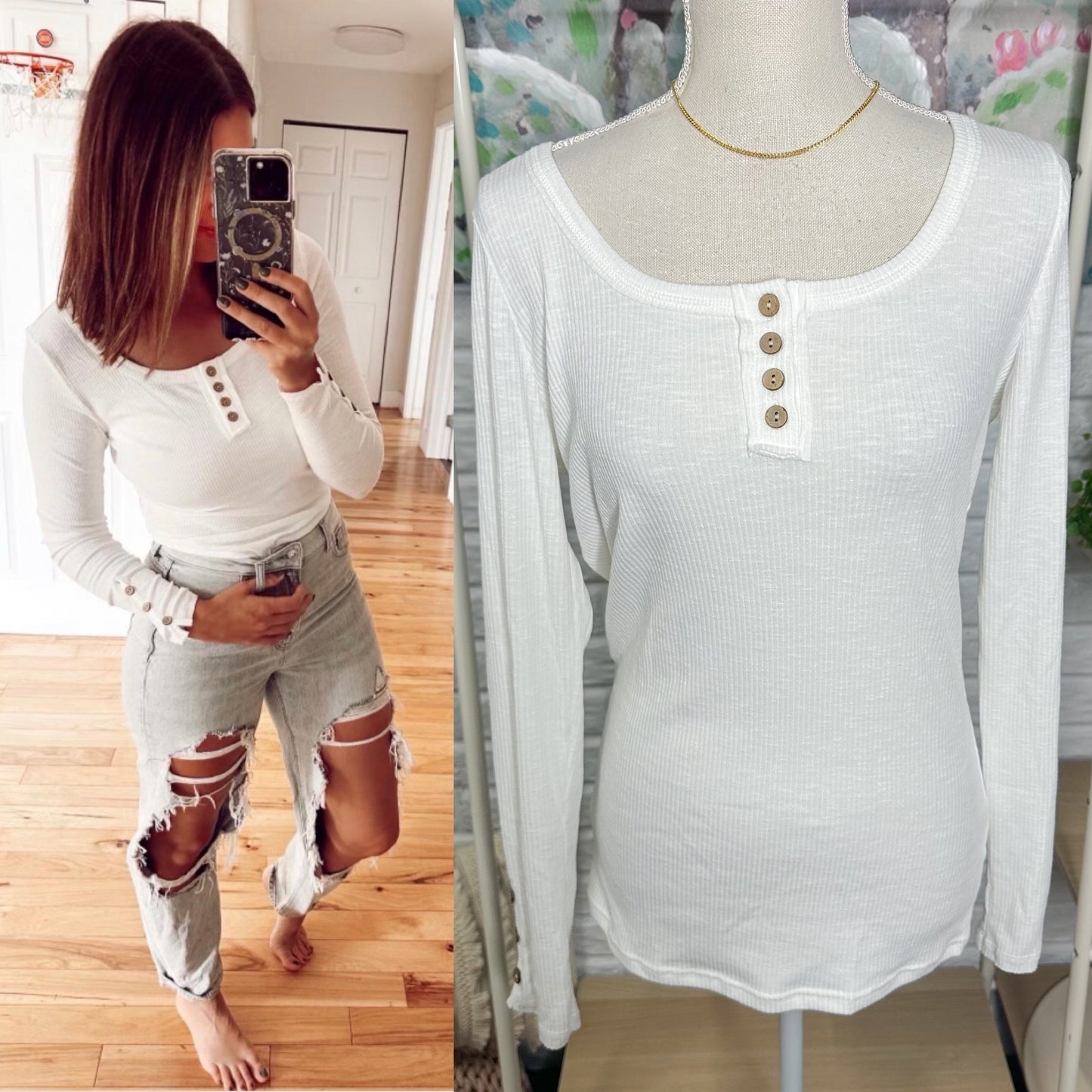 Kissfix New White Henley Long Sleeve Top (M)