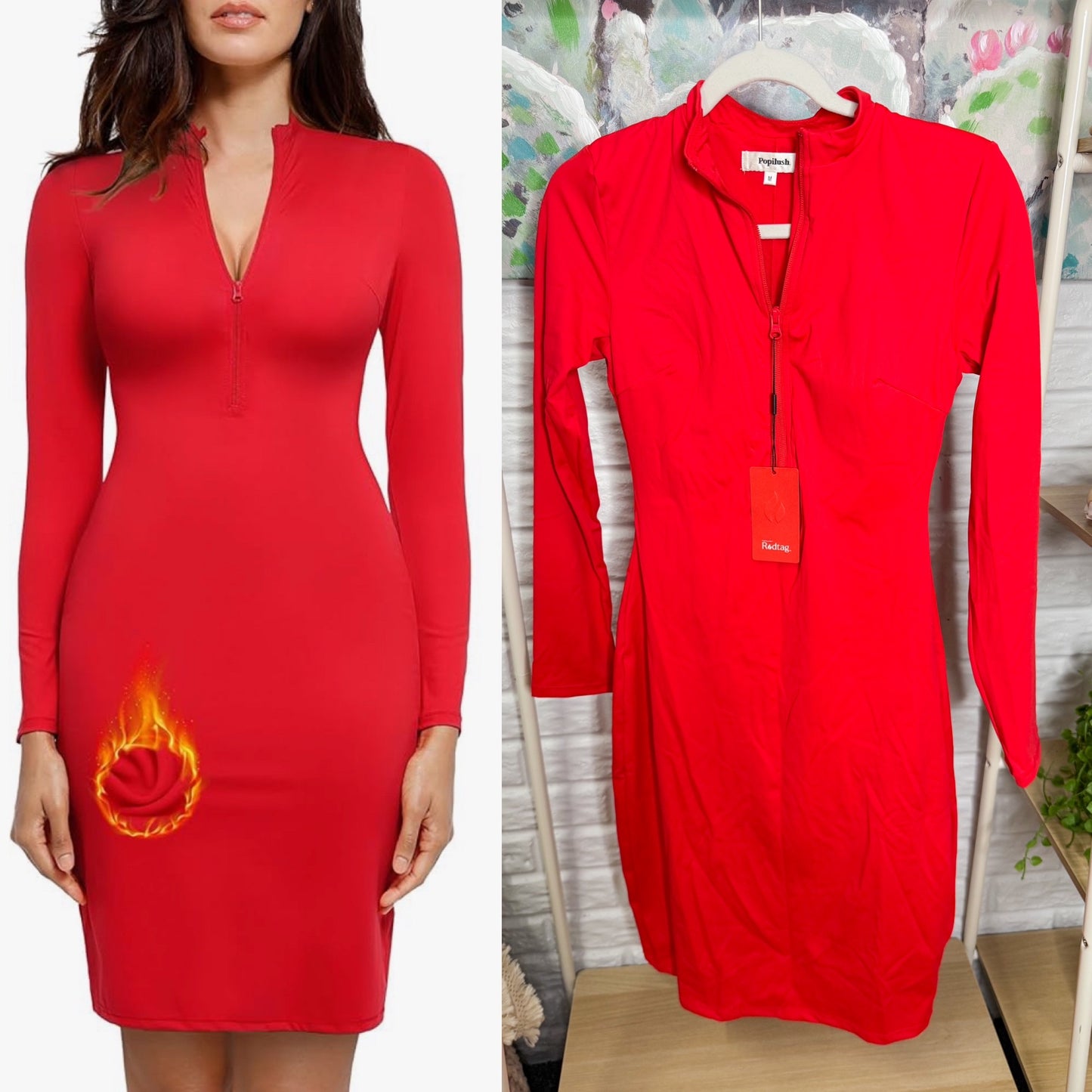 Popilush New Red Zipper Long Sleeve Shapewear Dress (M)