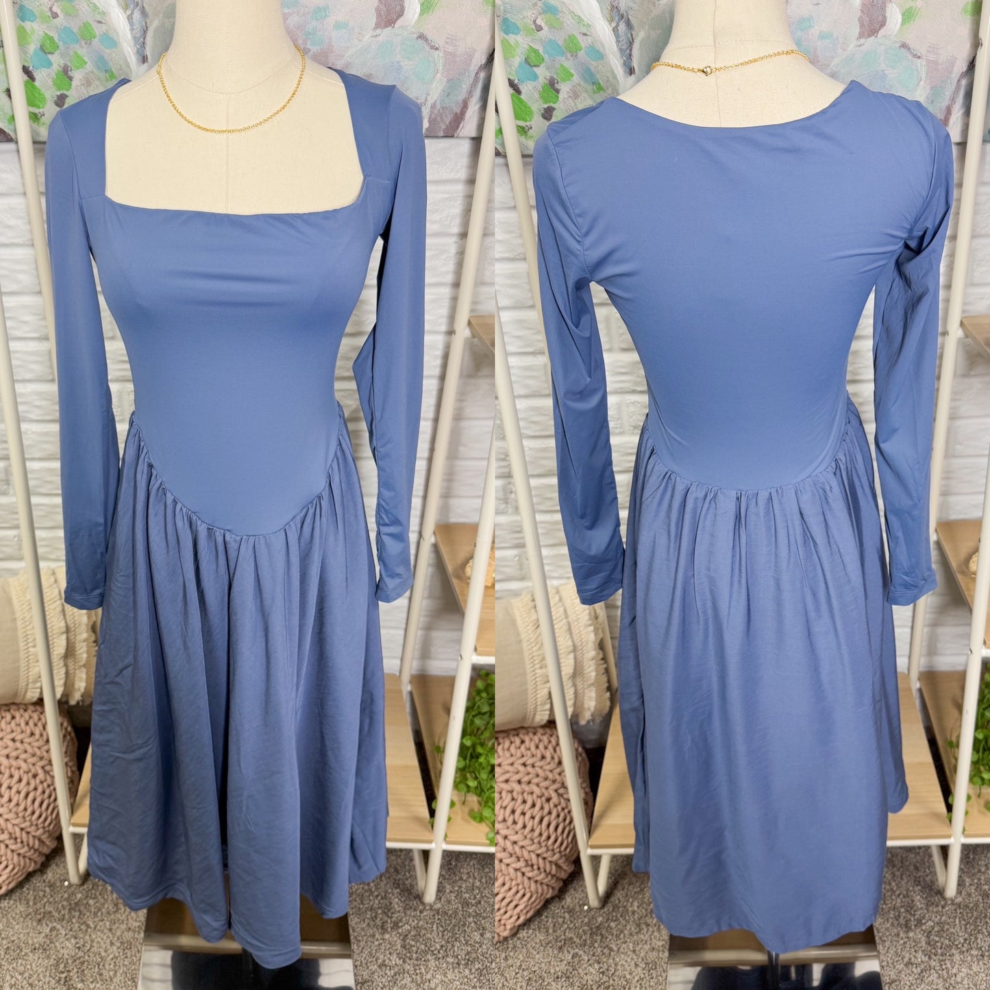 CHYRII New Blue A-Line Long Sleeve Midi Dress (M)