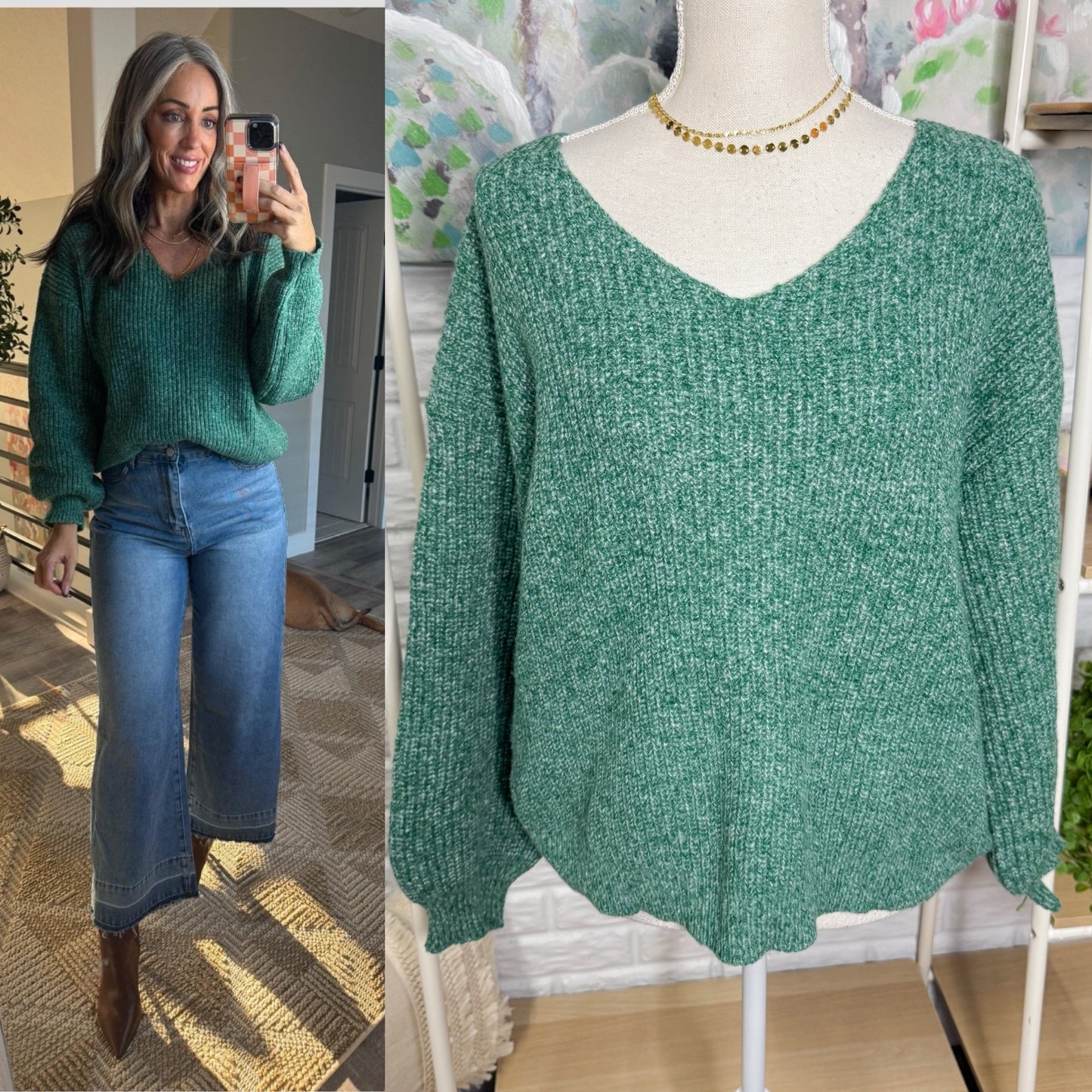 Cupshe Green V-Neck Drop Shoulder Long Sleeve Sweater (M)