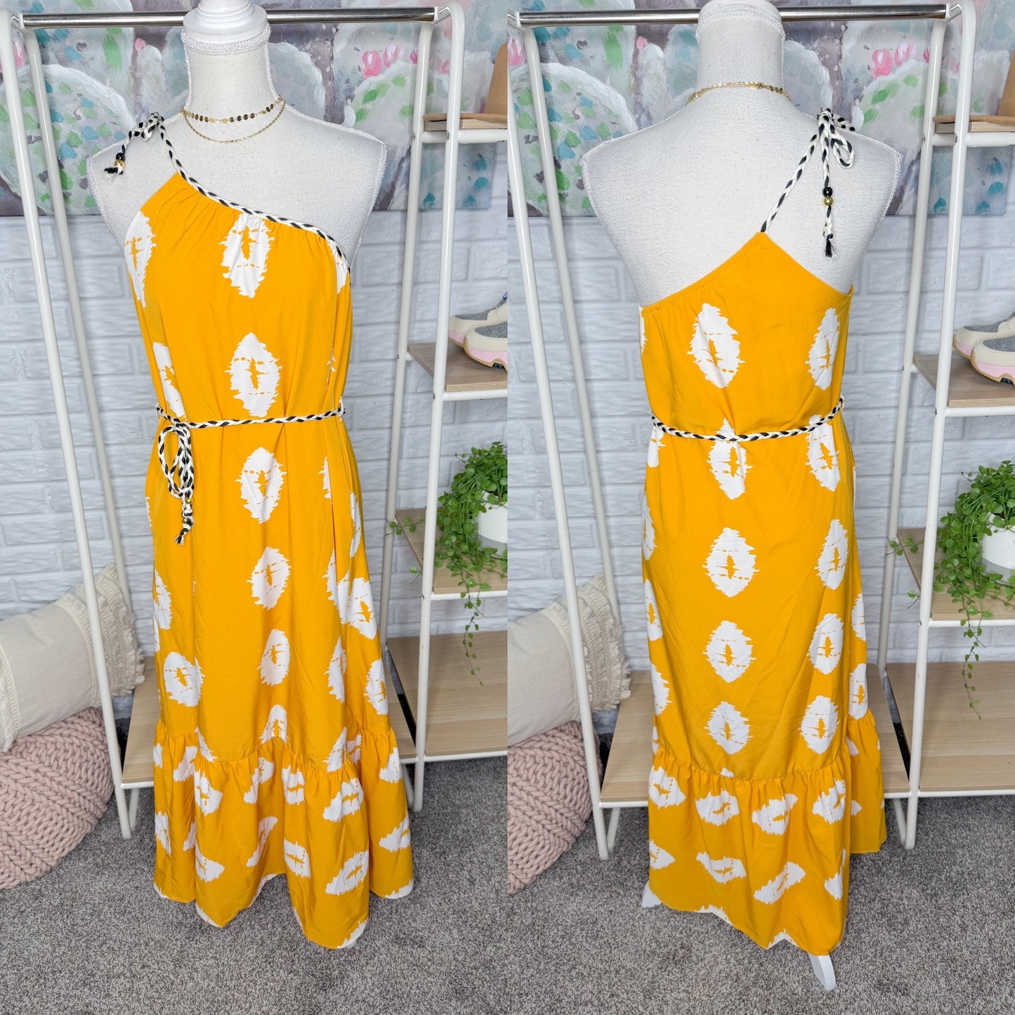 Prettygarden New One Shoulder Yellow Boho Dress (S)