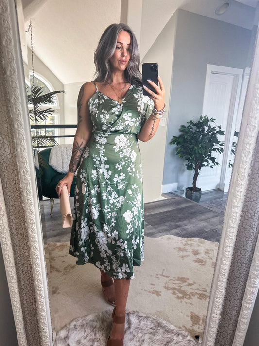 Grace Karin New Satin Green Floral Midi Dress Size Medium