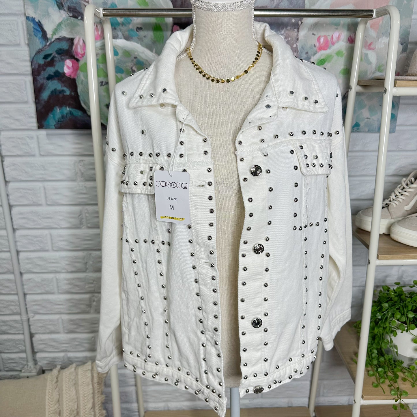 Omoone New White Studded Denim Jacket (M)