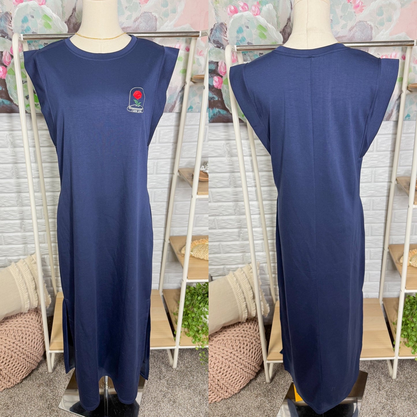 Grecerelle New Navy Rose Embroidered Maxi Dess (M)