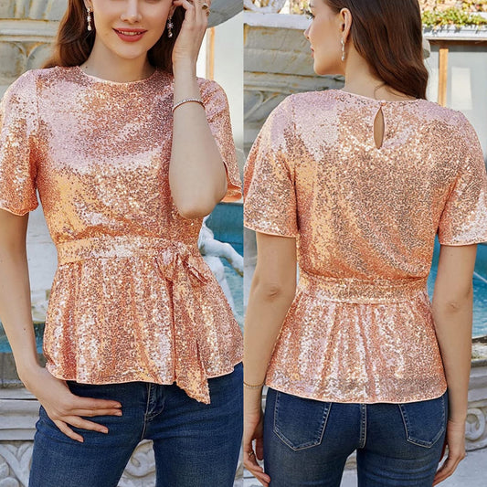 Grace Karin New Pink Sequins Peplum Blouse Size Medium