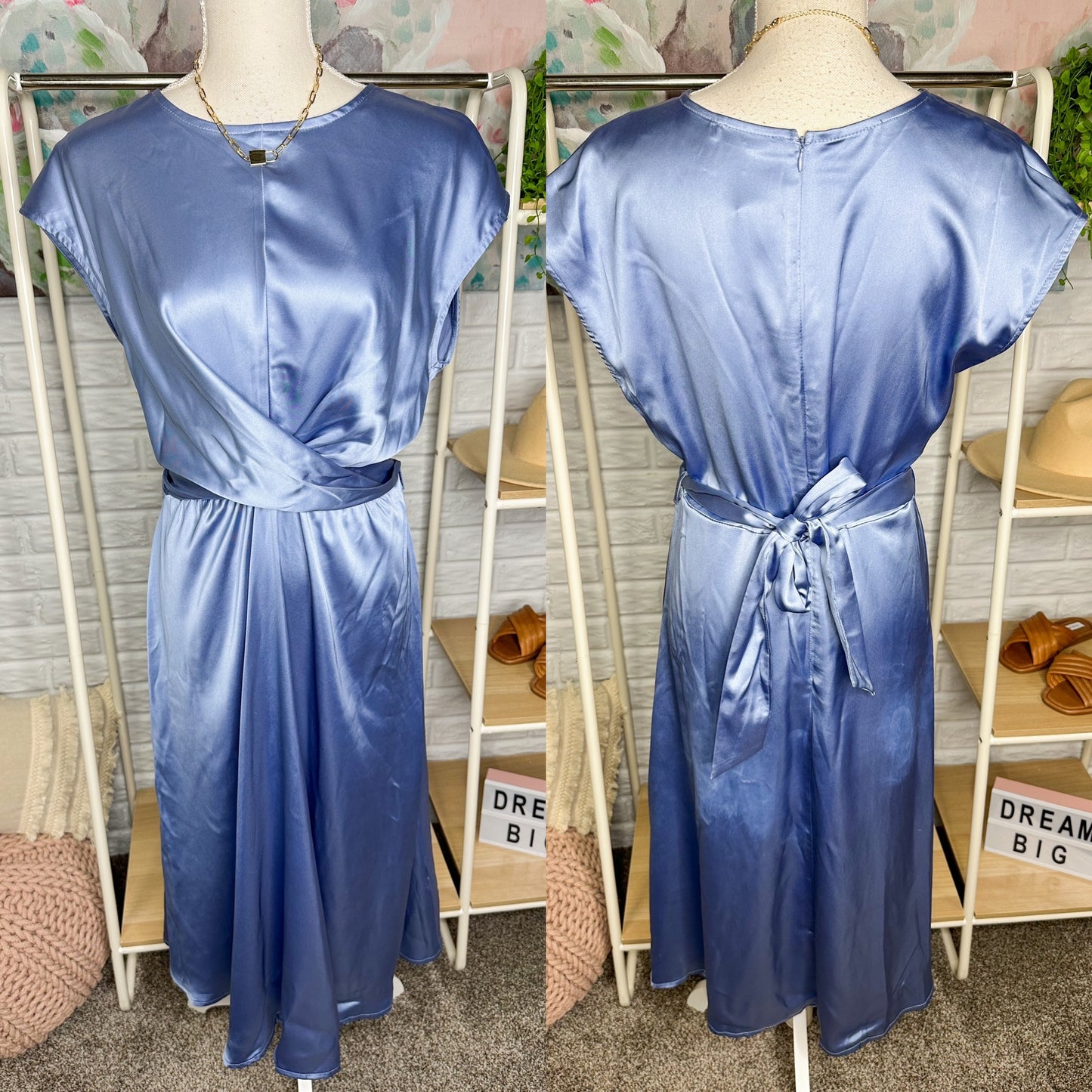 Prettygarden New Blue Satin Midi Dress Size Medium