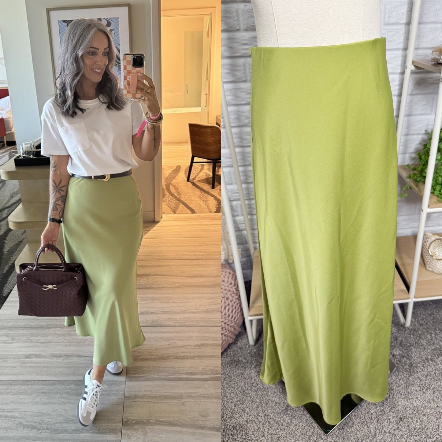 Green Satin High Waisted Maxi Skirt (M)