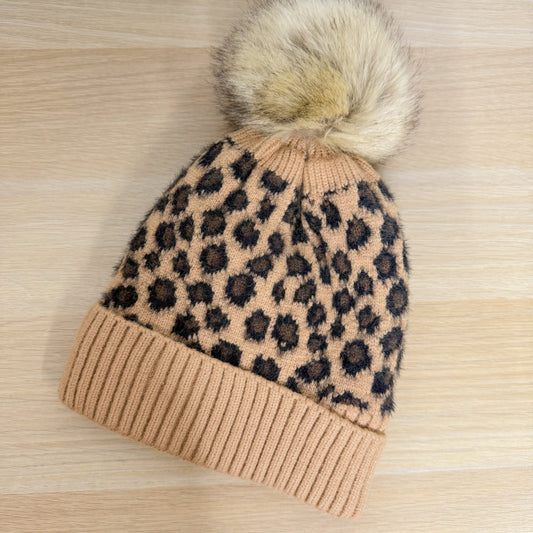 Brown Leopard Pom Beanie Hat