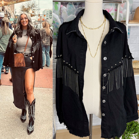 Daacee Black Fringe Oversized Denim Jacket (L)