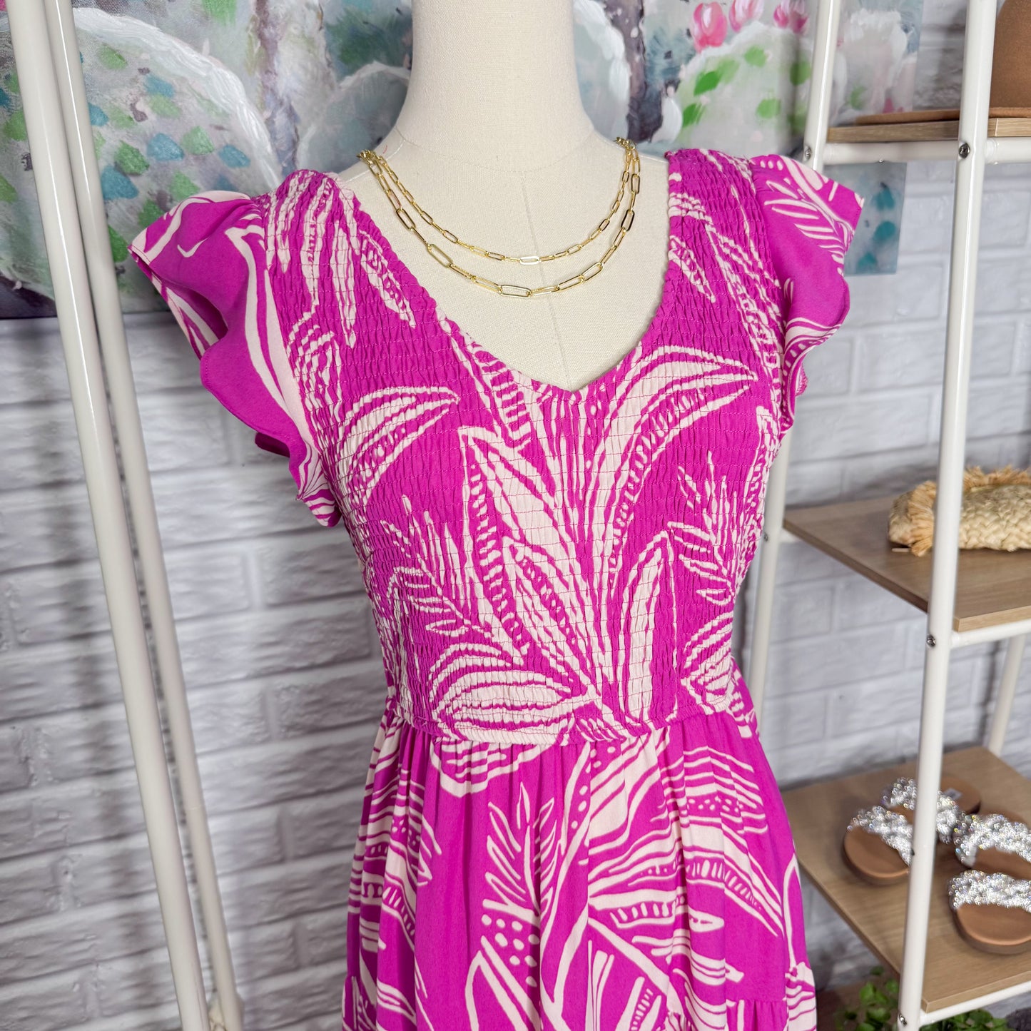 Prettygarden Purple Flutter Sleeve Tiered Midi Dress (S)