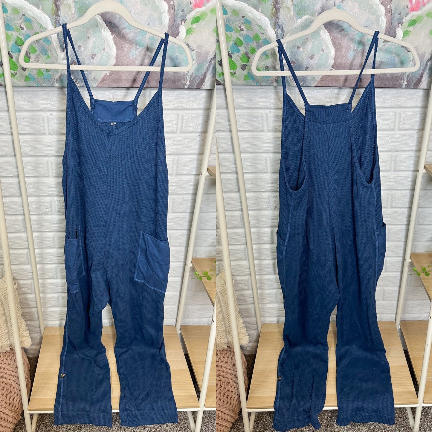 Blue Waffle Knit Jumpsuit Overalls (M)