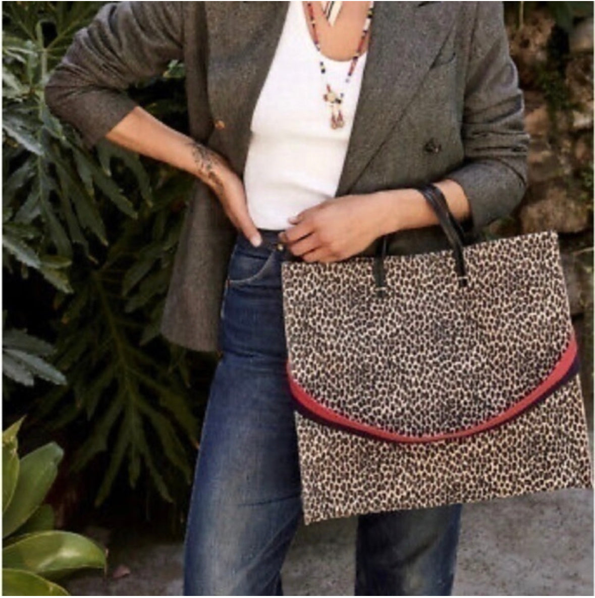 CLARE V. Simple Suede Leather Tote Bag Mini Cat Leopard Printatyer