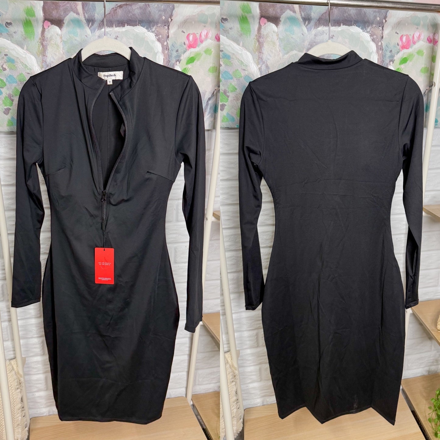 Popilush New Black Zipper Long Sleeve Shapewear Dress (M)