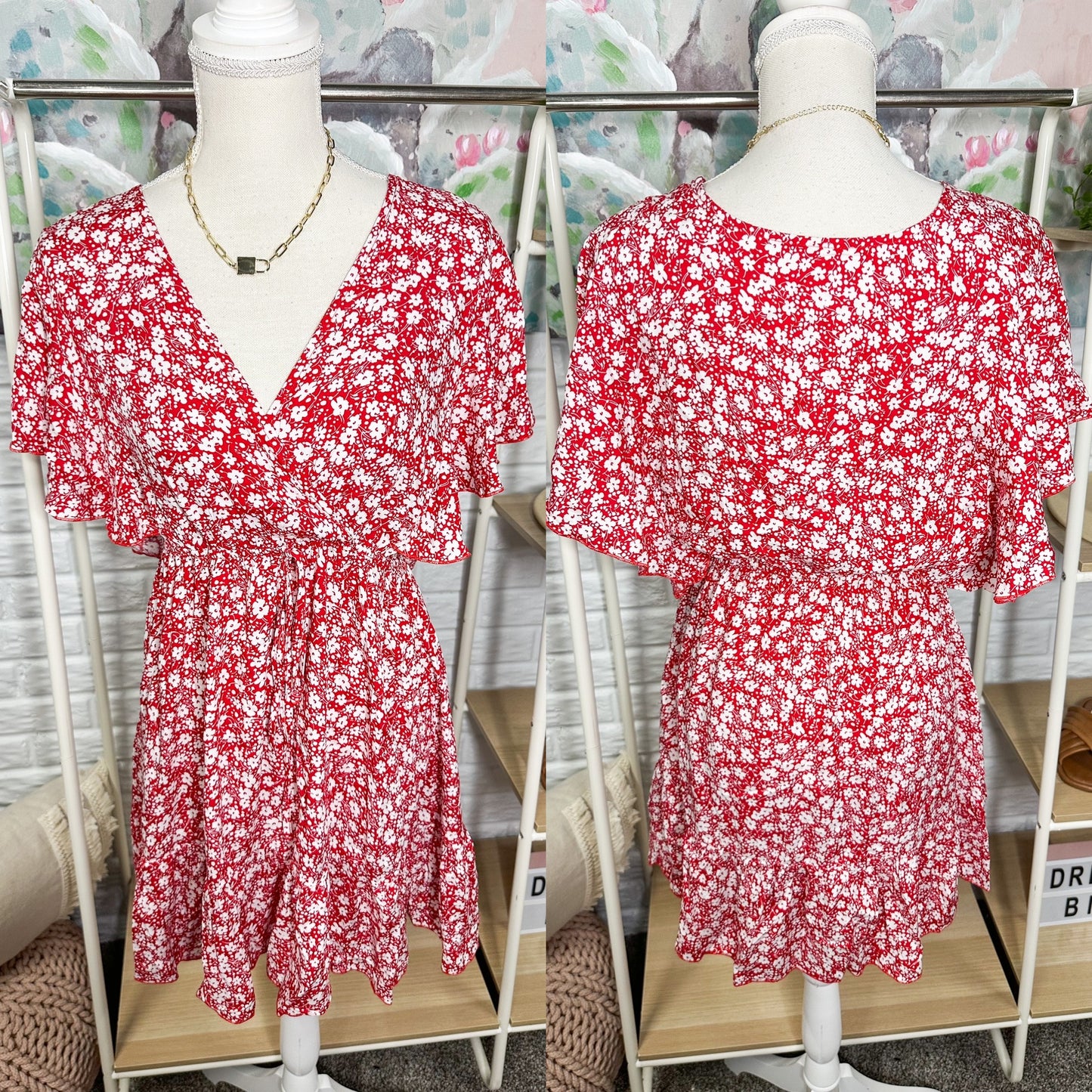 Short Sleeve Red Floral Mini Dress Size Medium