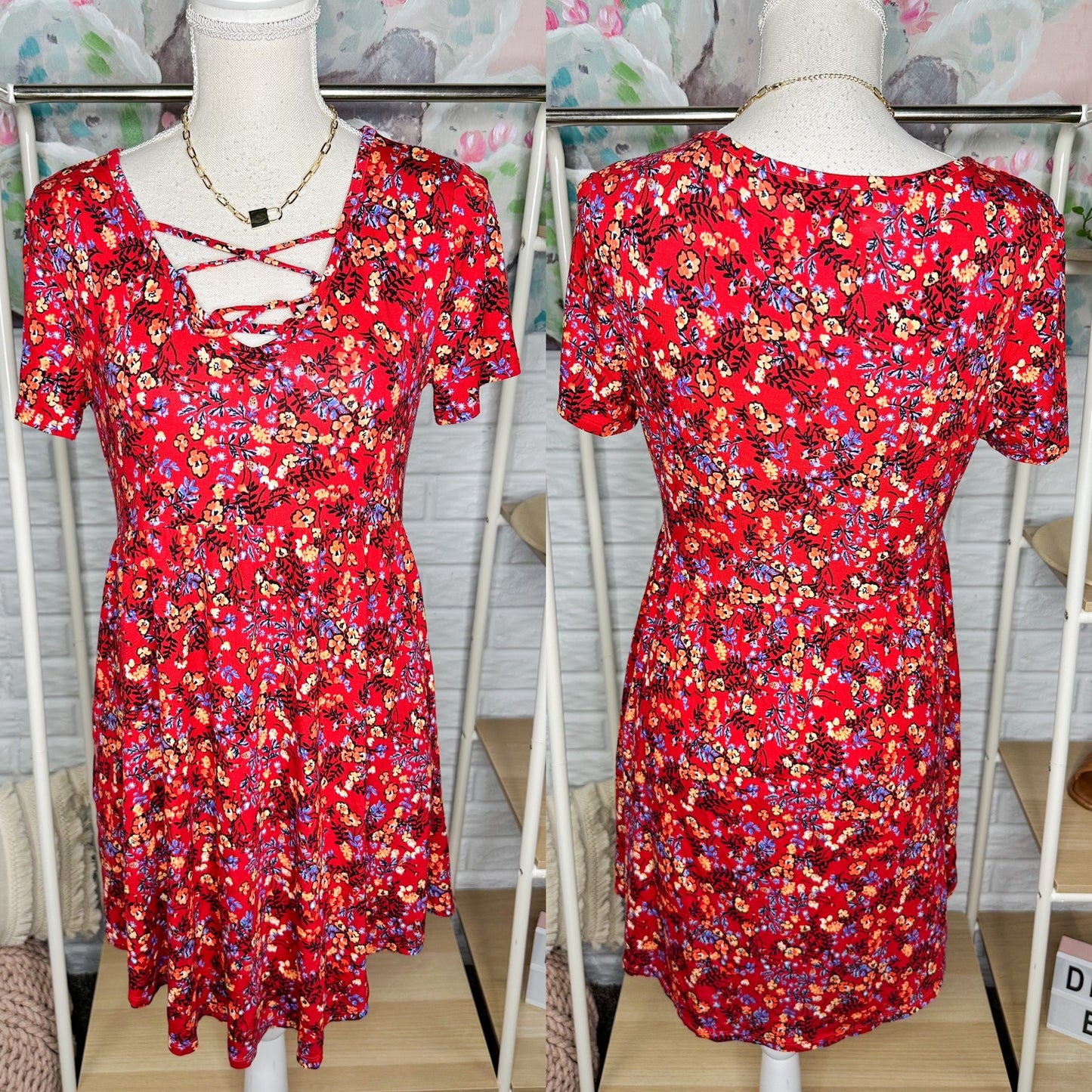 Maurice’s Red 24/7 Floral Strappy Skater Dress Size Small