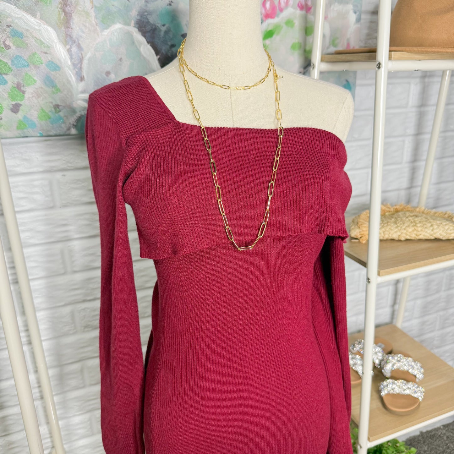 Simplee New Red Asymmetrical Shoulder Red Midi Dress (S)