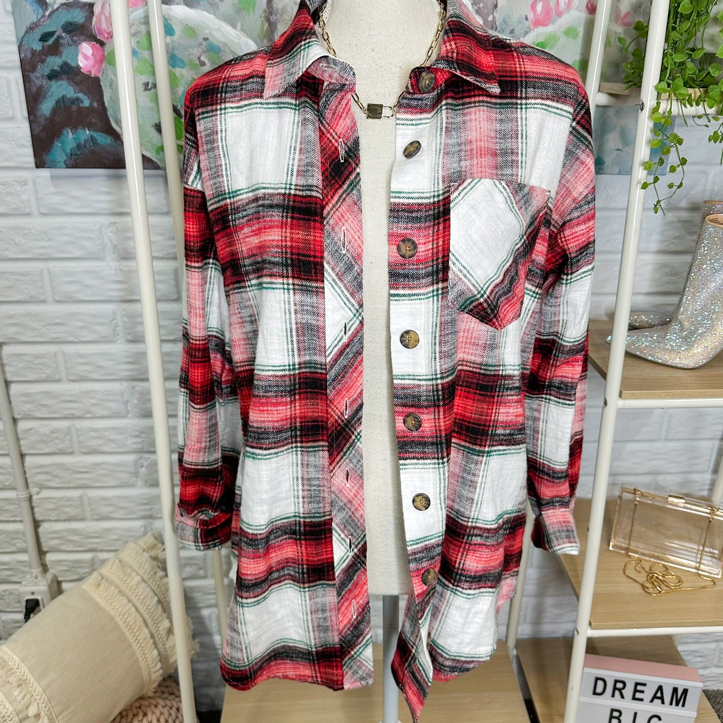 Maurice’s White & Red Plaid Button Down Top Size XS