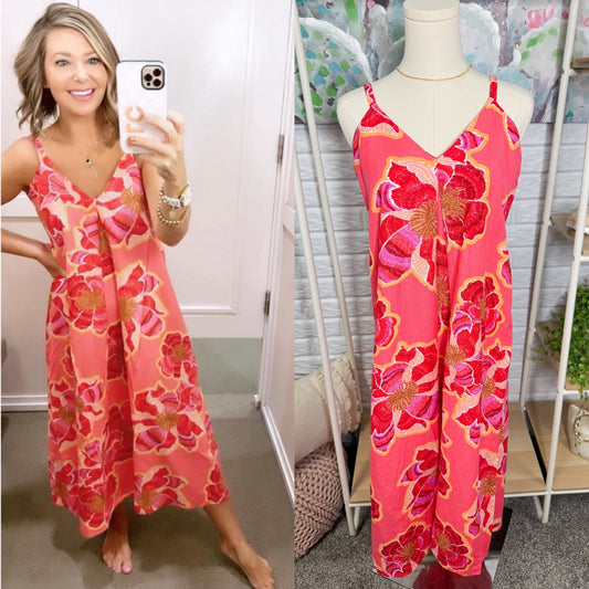 LOFT Linen Floral Pink Maxi Dress (00P)