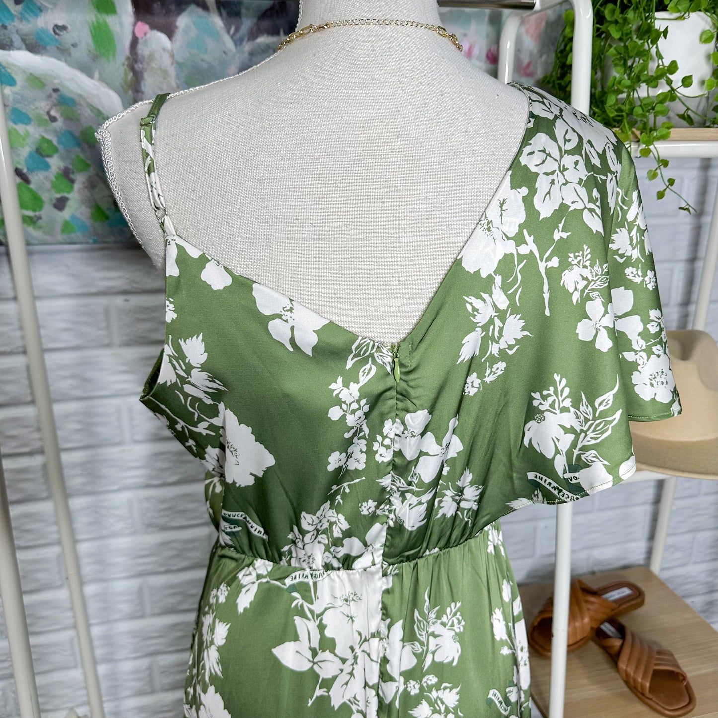 Grace Karin New Satin Green Floral Midi Dress Size Medium