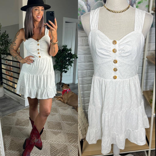 Cupshe White Eyelet Sweetheart Sleeveless Mini Dress (M)