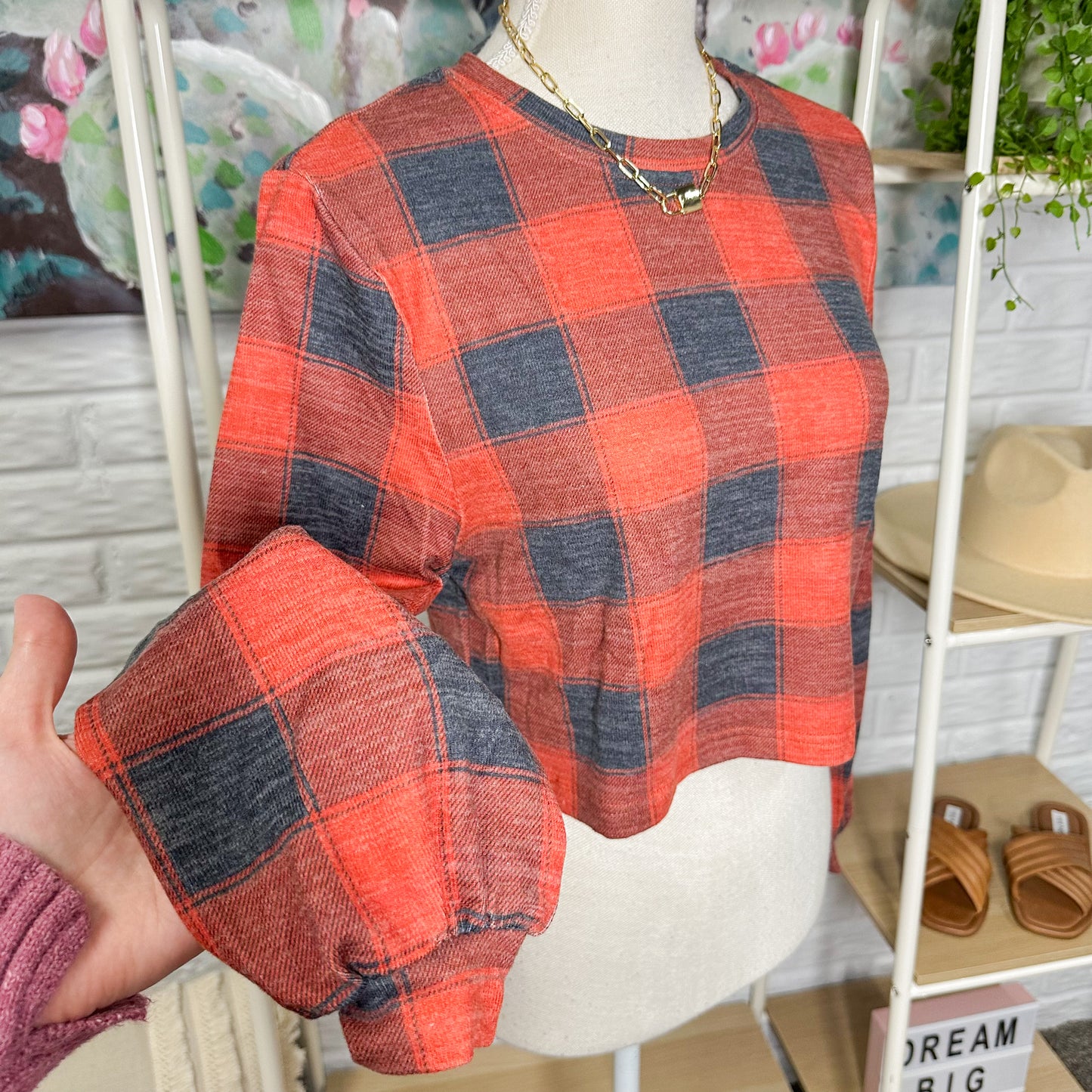 Pink Lily New Red Plaid Long Sleeve Cropped Top Size Large