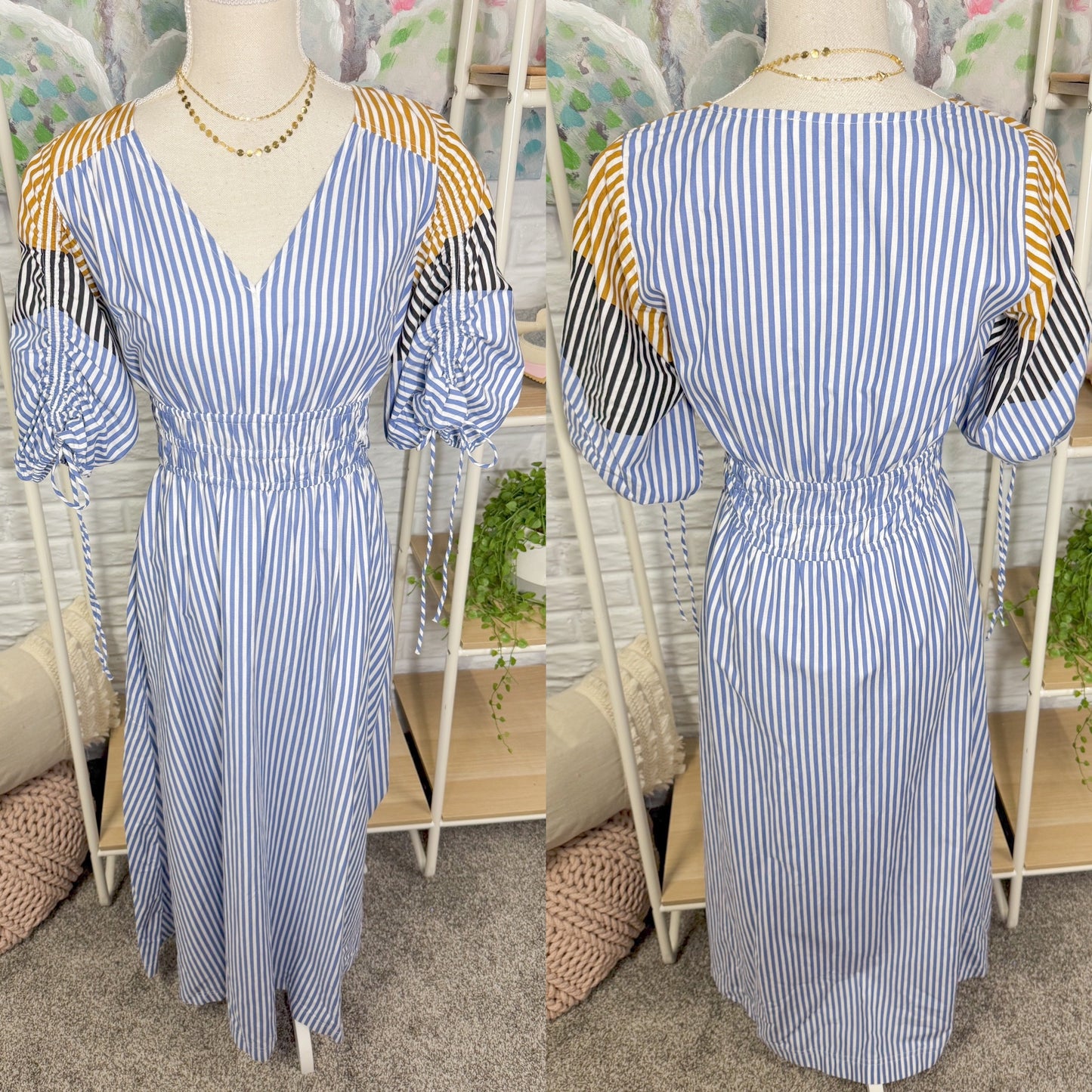 LOFT Striped Tie Puff Sleeve Midi Dress (XS)