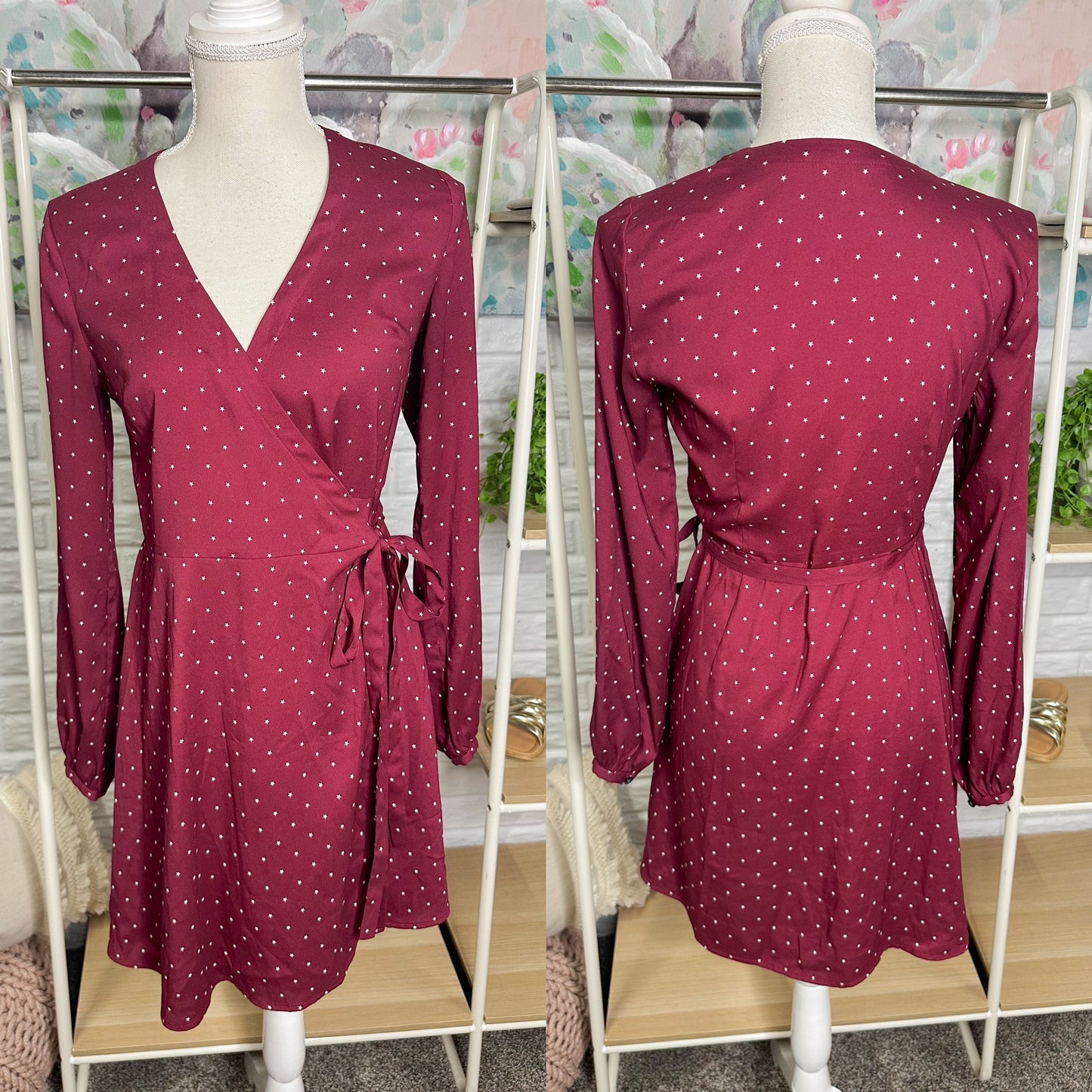 LOFT Maroon Star Print Long Sleeve Wrap Dress (00)