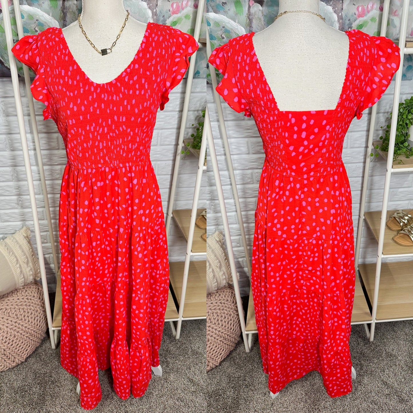 Prettygarden New Red Cap Sleeve Smocked Maxi Dress (M)