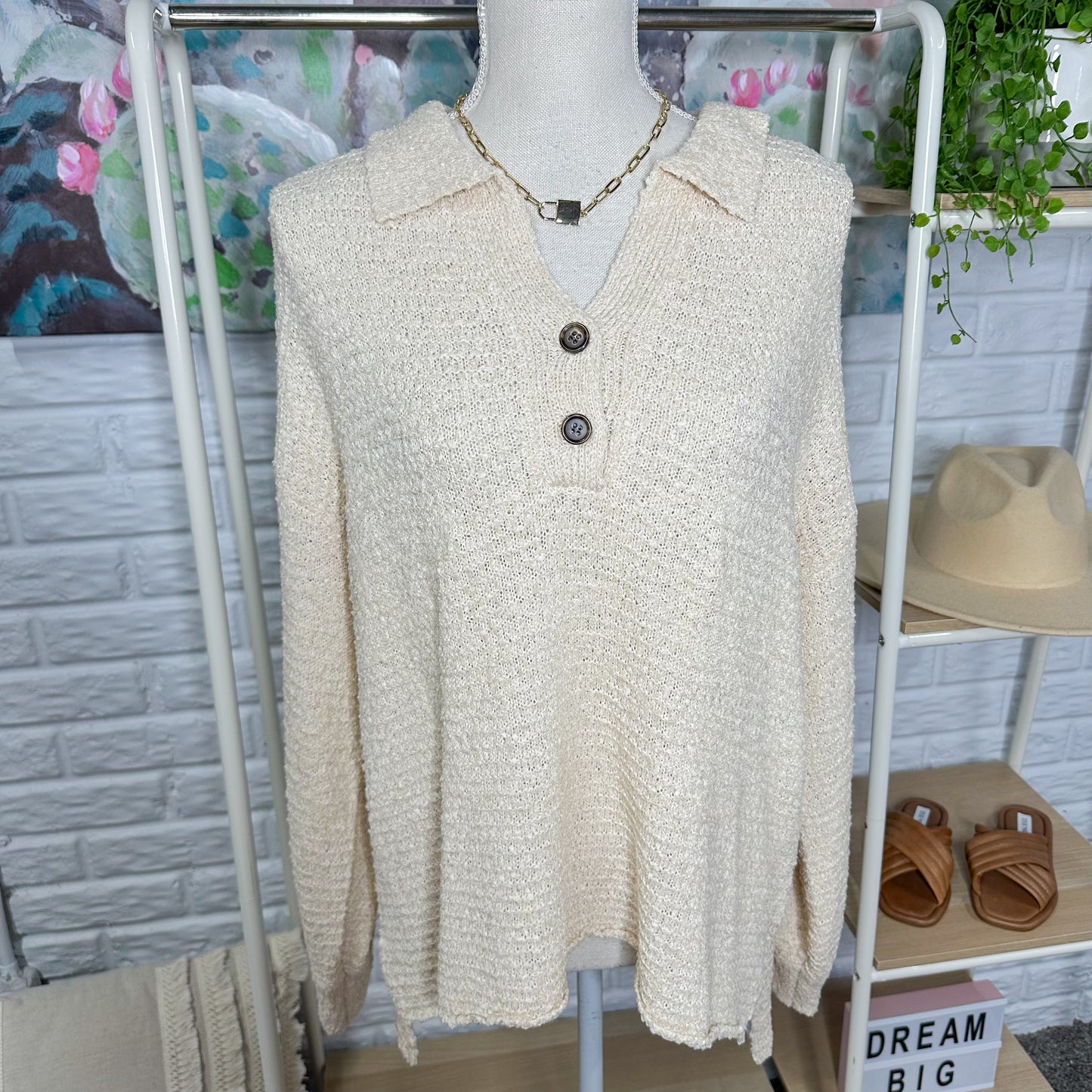 Pink Lily New Cream Henley Knit Sweater Size Large
