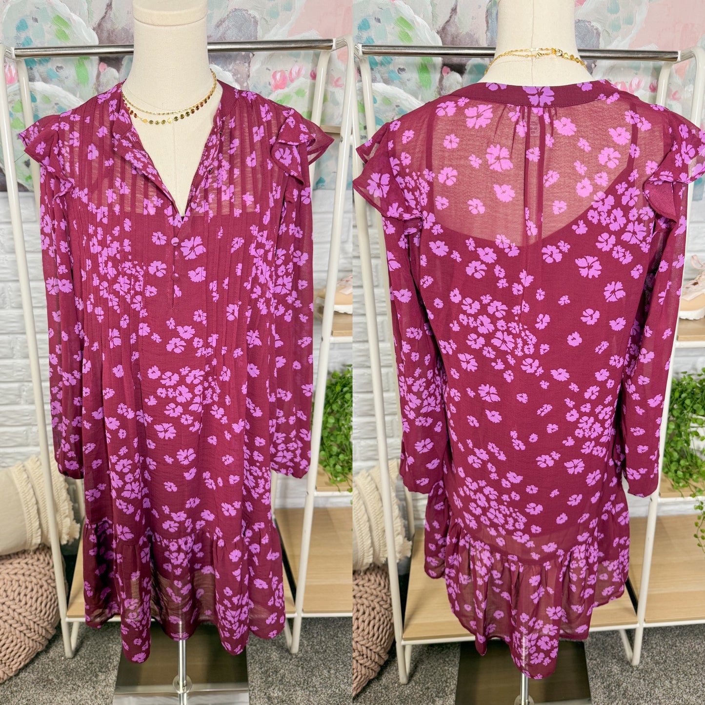 Time and Tru Merlot Floral Long Sleeve Dress (XS)